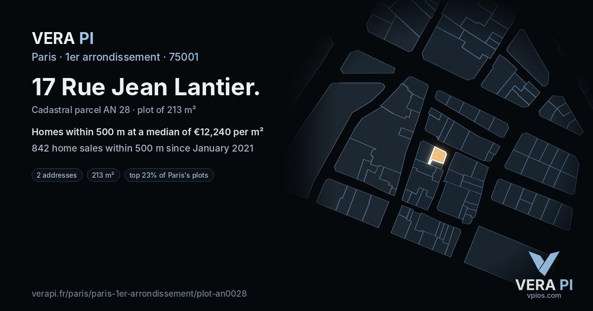 17 Rue Jean Lantier, 1er arrondissement at night – the plot lit, the parcels around coloured by the prices near them