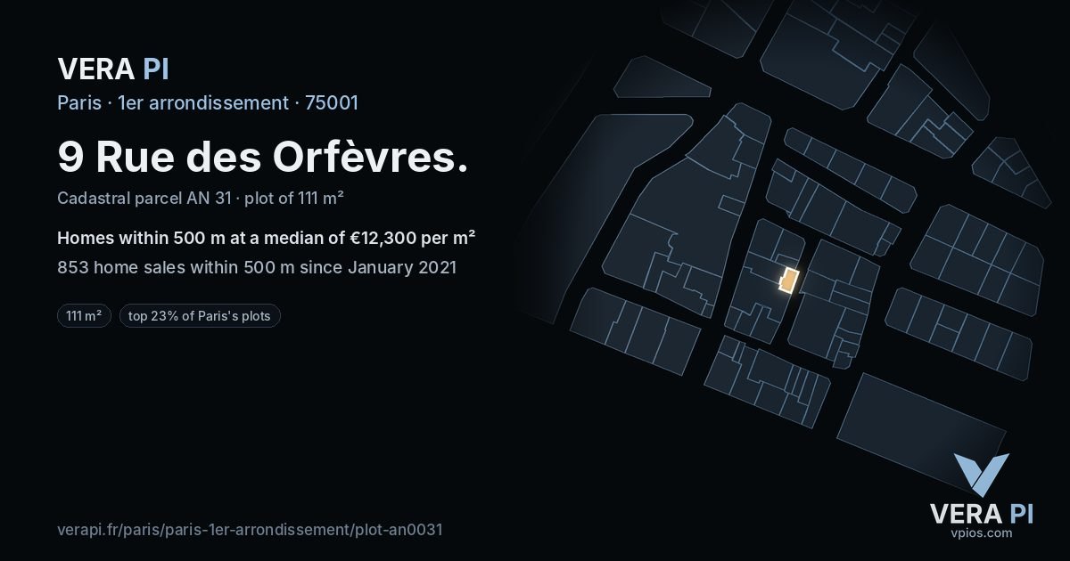 9 Rue des Orfèvres, 1er arrondissement at night – the plot lit, the parcels around coloured by the prices near them