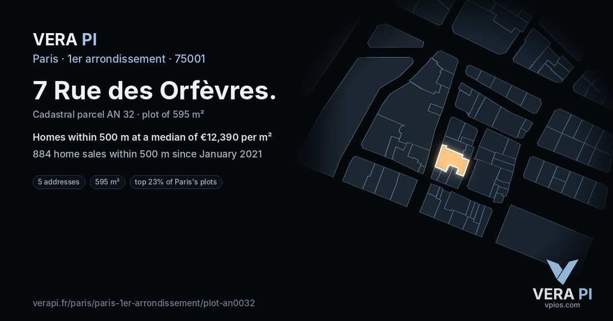 7 Rue des Orfèvres, 1er arrondissement at night – the plot lit, the parcels around coloured by the prices near them