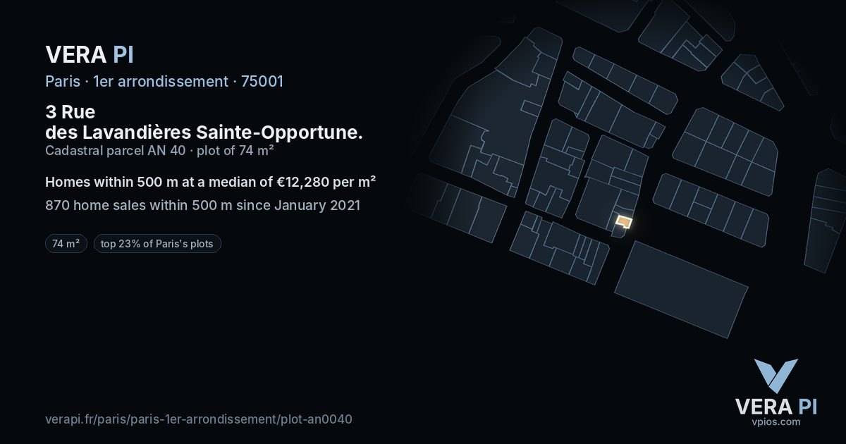3 Rue des Lavandières Sainte-Opportune, 1er arrondissement at night – the plot lit, the parcels around coloured by the prices near them
