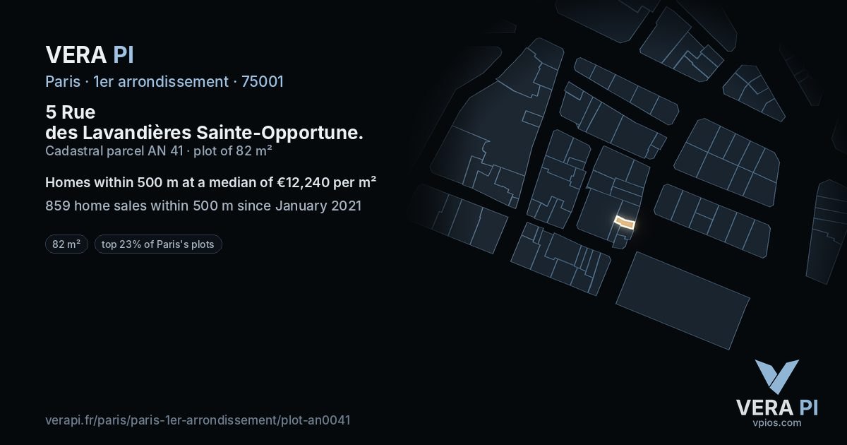 5 Rue des Lavandières Sainte-Opportune, 1er arrondissement at night – the plot lit, the parcels around coloured by the prices near them