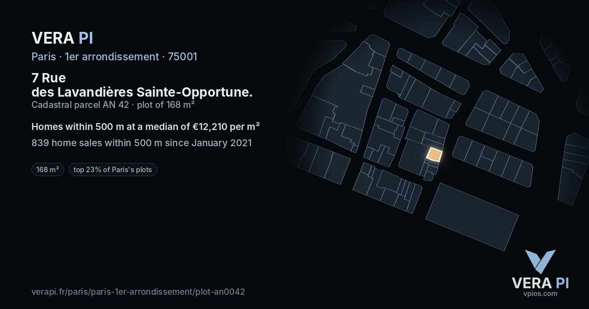 7 Rue des Lavandières Sainte-Opportune, 1er arrondissement at night – the plot lit, the parcels around coloured by the prices near them