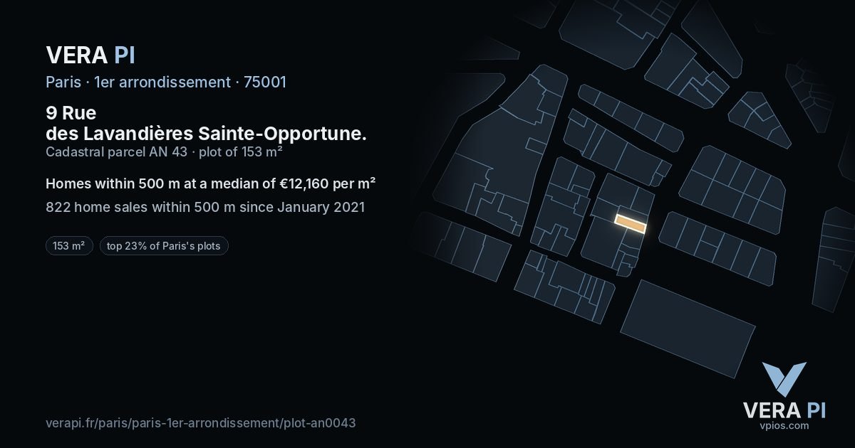 9 Rue des Lavandières Sainte-Opportune, 1er arrondissement at night – the plot lit, the parcels around coloured by the prices near them