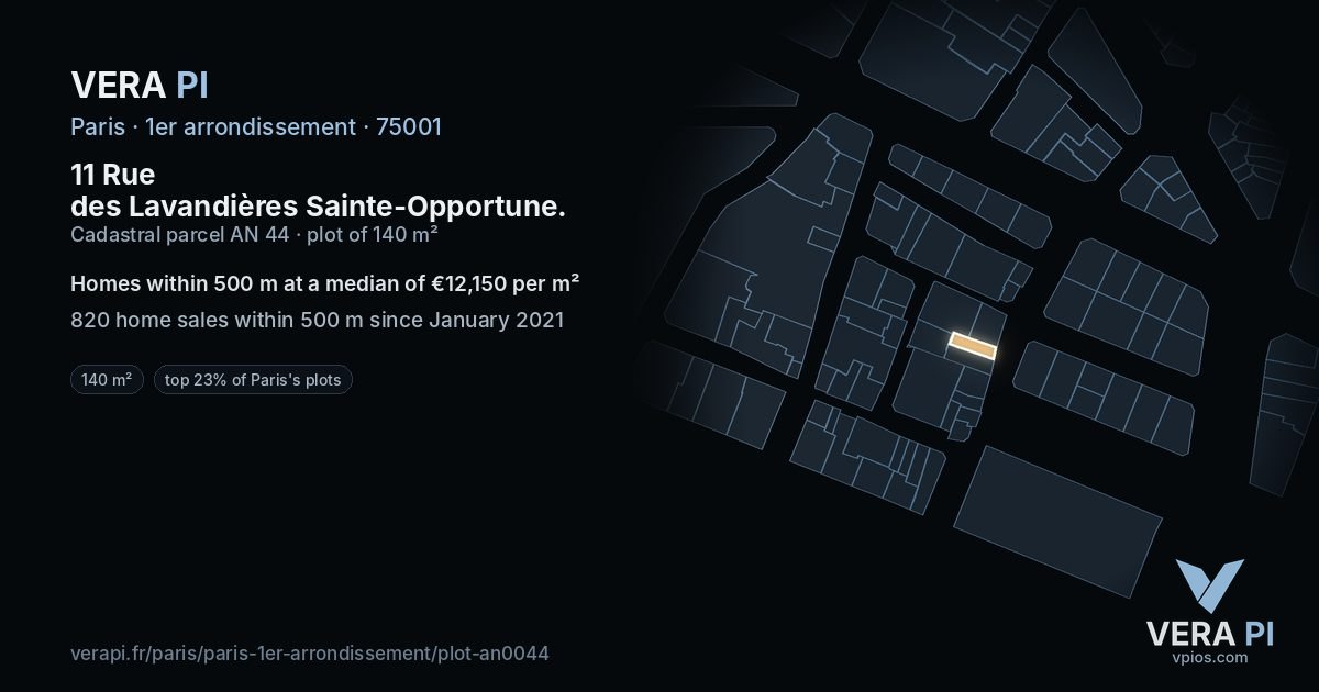 11 Rue des Lavandières Sainte-Opportune, 1er arrondissement at night – the plot lit, the parcels around coloured by the prices near them