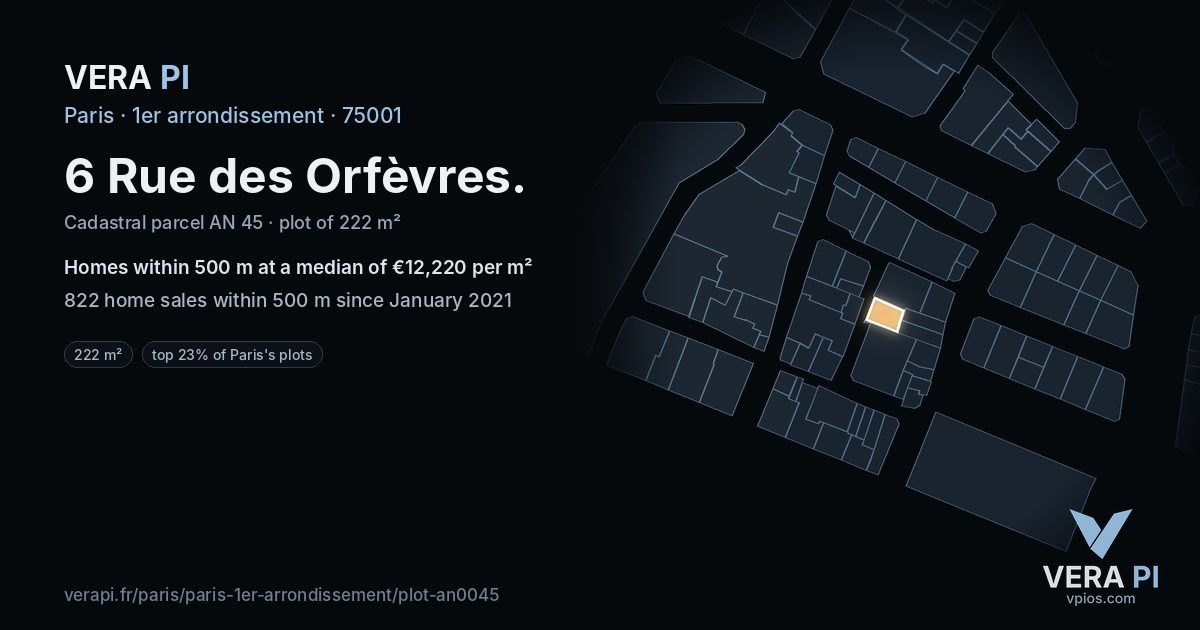 6 Rue des Orfèvres, 1er arrondissement at night – the plot lit, the parcels around coloured by the prices near them