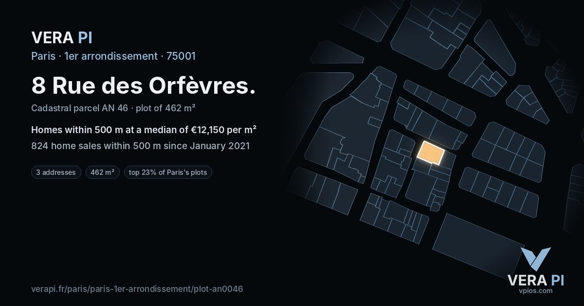 8 Rue des Orfèvres, 1er arrondissement at night – the plot lit, the parcels around coloured by the prices near them