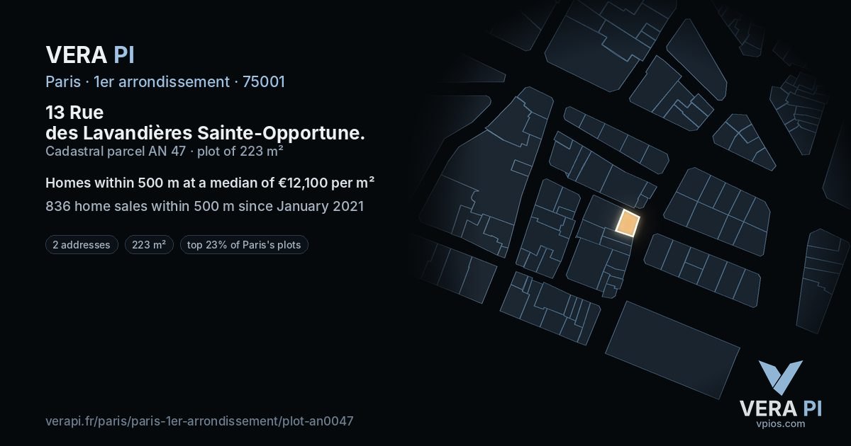13 Rue des Lavandières Sainte-Opportune, 1er arrondissement at night – the plot lit, the parcels around coloured by the prices near them