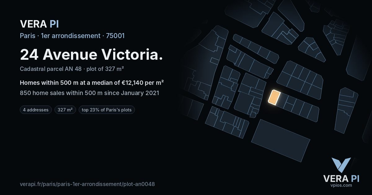 24 Avenue Victoria, 1er arrondissement at night – the plot lit, the parcels around coloured by the prices near them