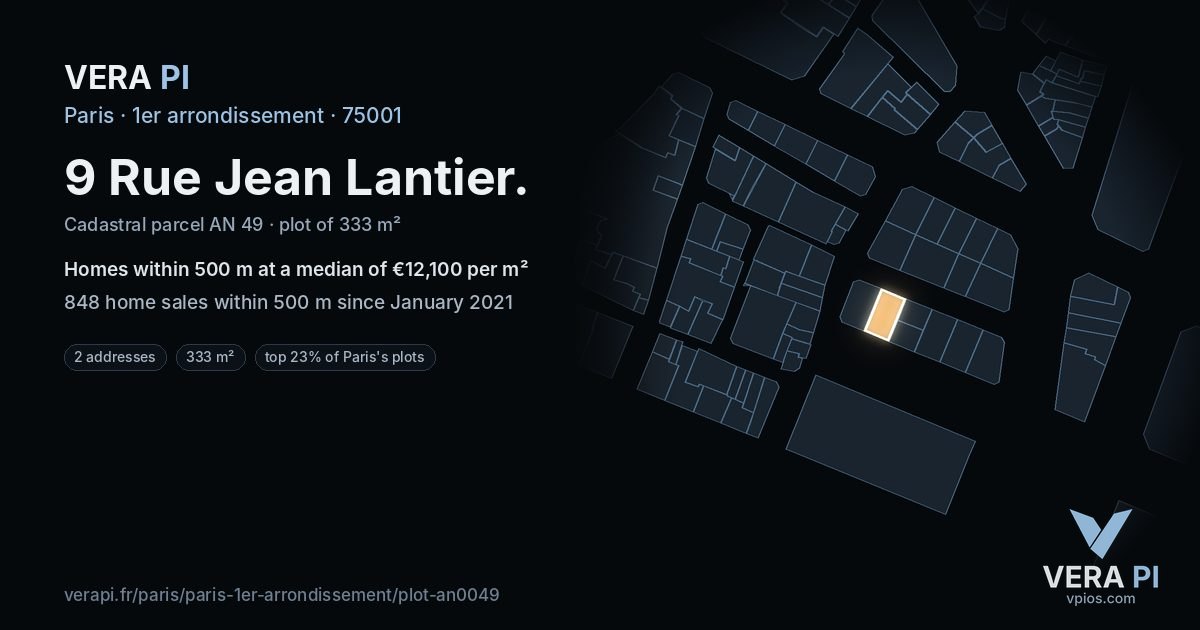 9 Rue Jean Lantier, 1er arrondissement at night – the plot lit, the parcels around coloured by the prices near them