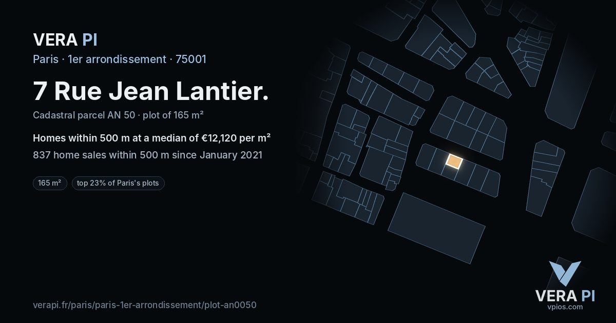 7 Rue Jean Lantier, 1er arrondissement at night – the plot lit, the parcels around coloured by the prices near them