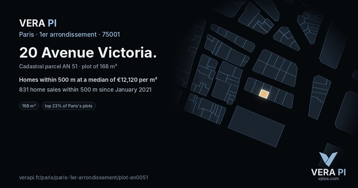 20 Avenue Victoria, 1er arrondissement at night – the plot lit, the parcels around coloured by the prices near them