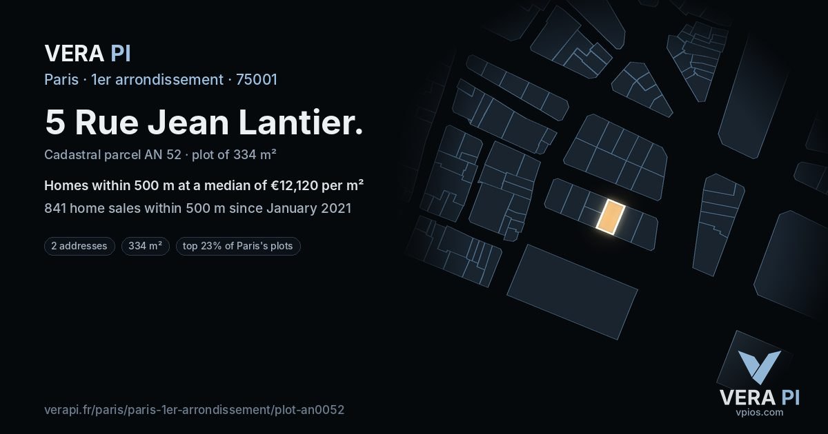 5 Rue Jean Lantier, 1er arrondissement at night – the plot lit, the parcels around coloured by the prices near them
