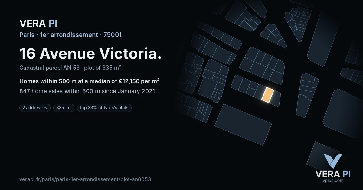 16 Avenue Victoria, 1er arrondissement at night – the plot lit, the parcels around coloured by the prices near them