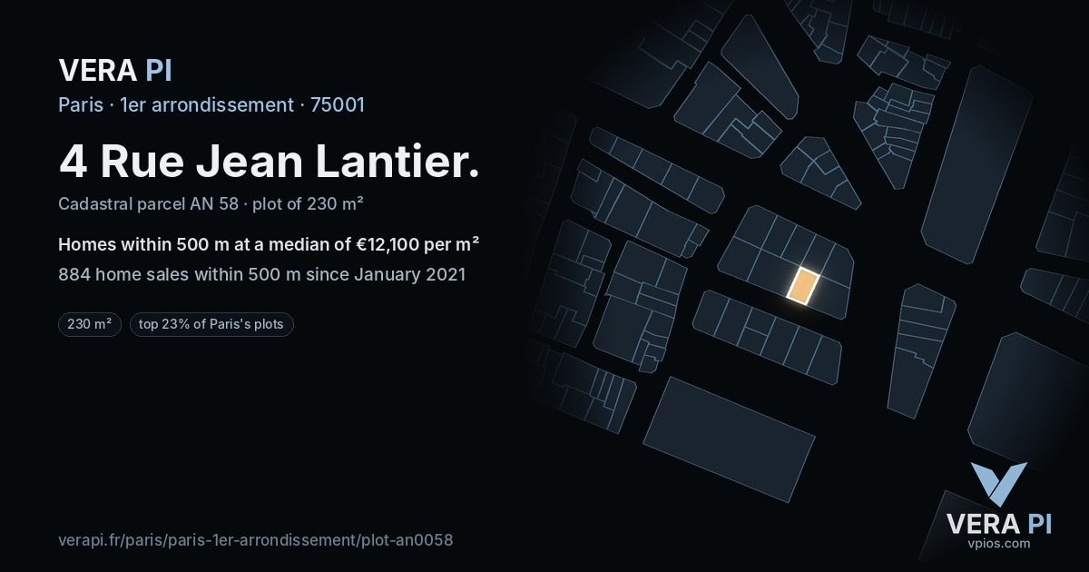 4 Rue Jean Lantier, 1er arrondissement at night – the plot lit, the parcels around coloured by the prices near them
