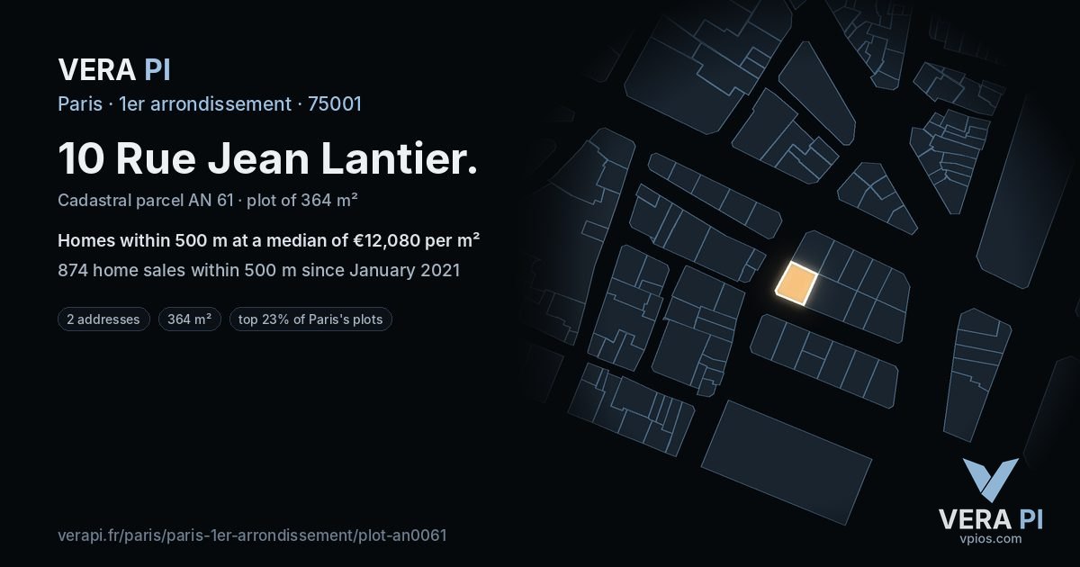 10 Rue Jean Lantier, 1er arrondissement at night – the plot lit, the parcels around coloured by the prices near them