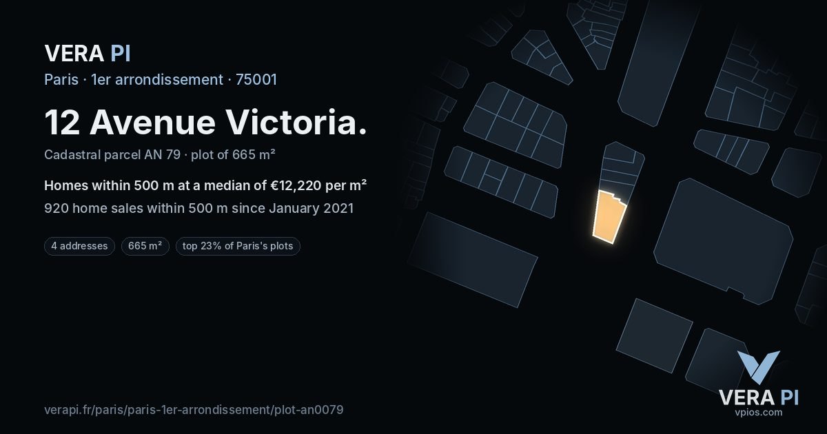 12 Avenue Victoria, 1er arrondissement at night – the plot lit, the parcels around coloured by the prices near them