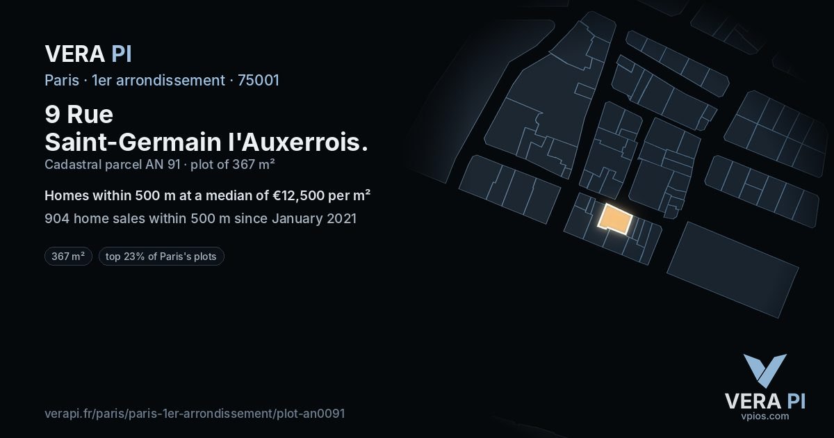 9 Rue Saint-Germain l'Auxerrois, 1er arrondissement at night – the plot lit, the parcels around coloured by the prices near them