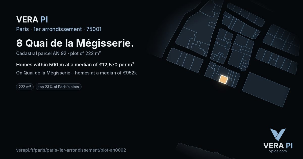 8 Quai de la Mégisserie, 1er arrondissement at night – the plot lit, the parcels around coloured by the prices near them