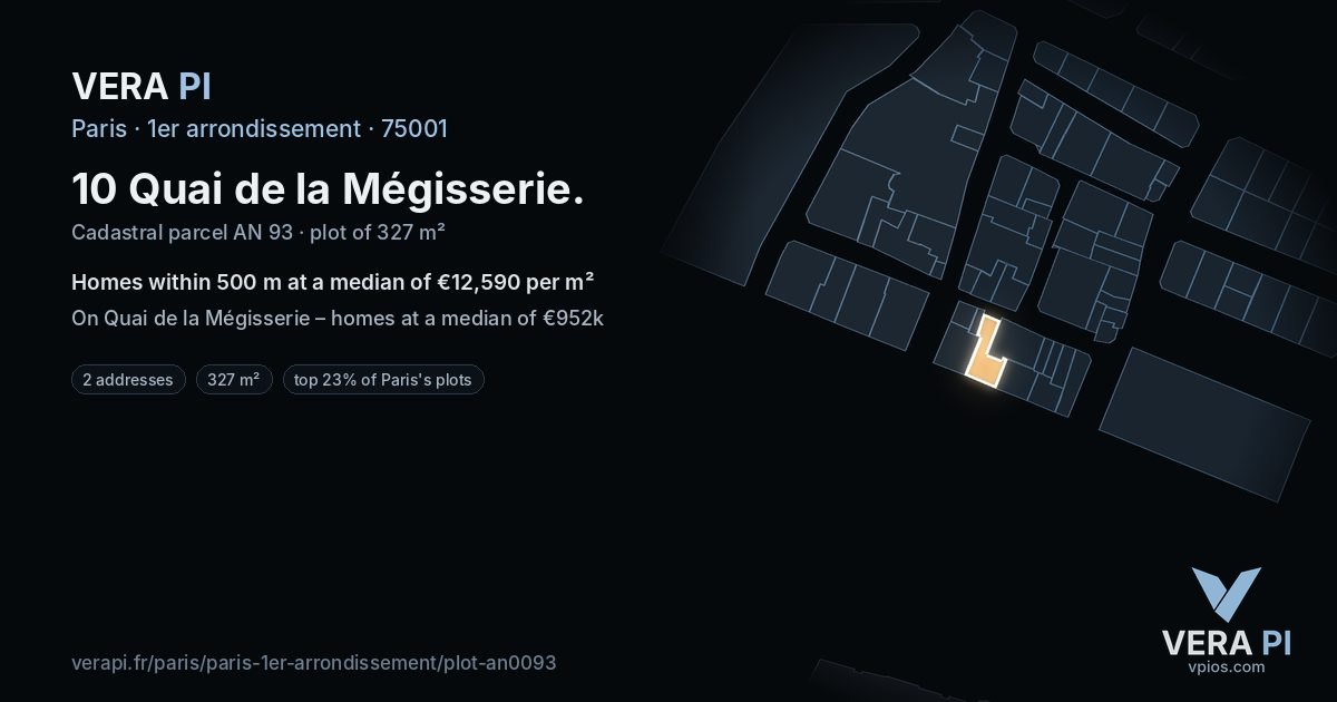 10 Quai de la Mégisserie, 1er arrondissement at night – the plot lit, the parcels around coloured by the prices near them