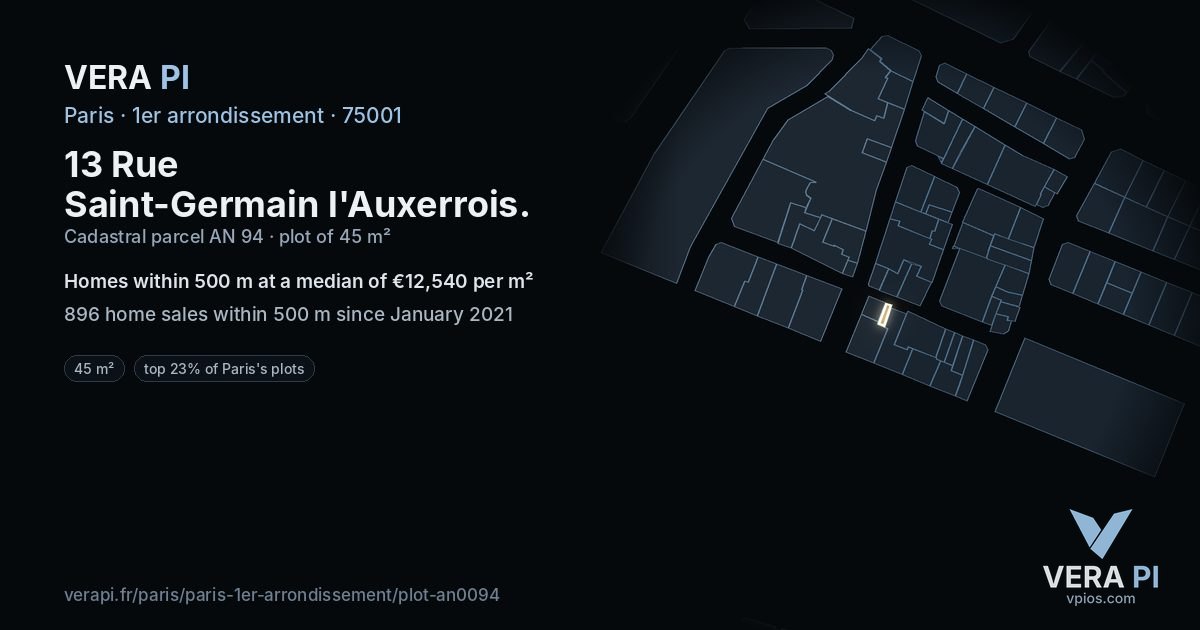 13 Rue Saint-Germain l'Auxerrois, 1er arrondissement at night – the plot lit, the parcels around coloured by the prices near them