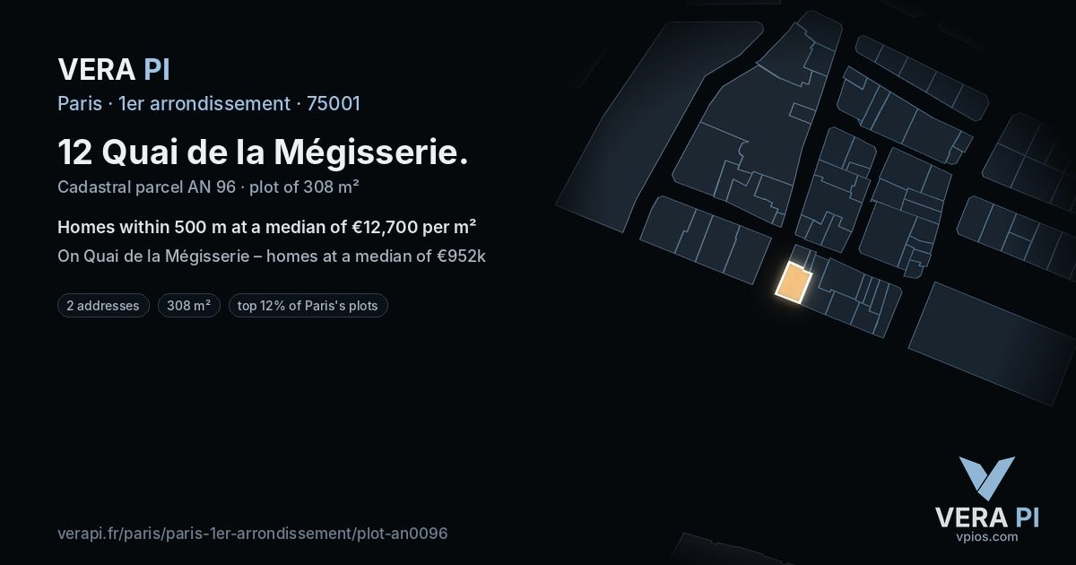 12 Quai de la Mégisserie, 1er arrondissement at night – the plot lit, the parcels around coloured by the prices near them