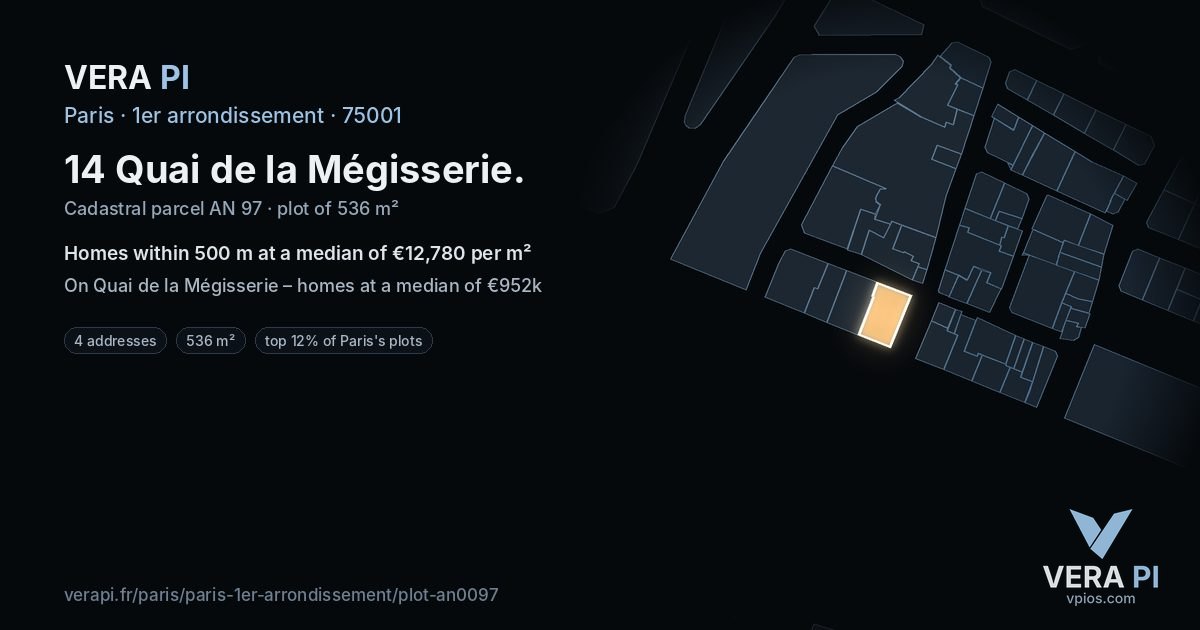 14 Quai de la Mégisserie, 1er arrondissement at night – the plot lit, the parcels around coloured by the prices near them