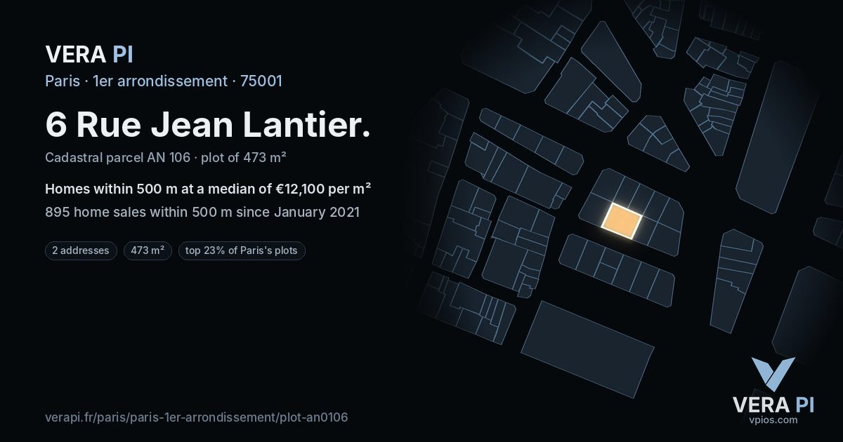 6 Rue Jean Lantier, 1er arrondissement at night – the plot lit, the parcels around coloured by the prices near them