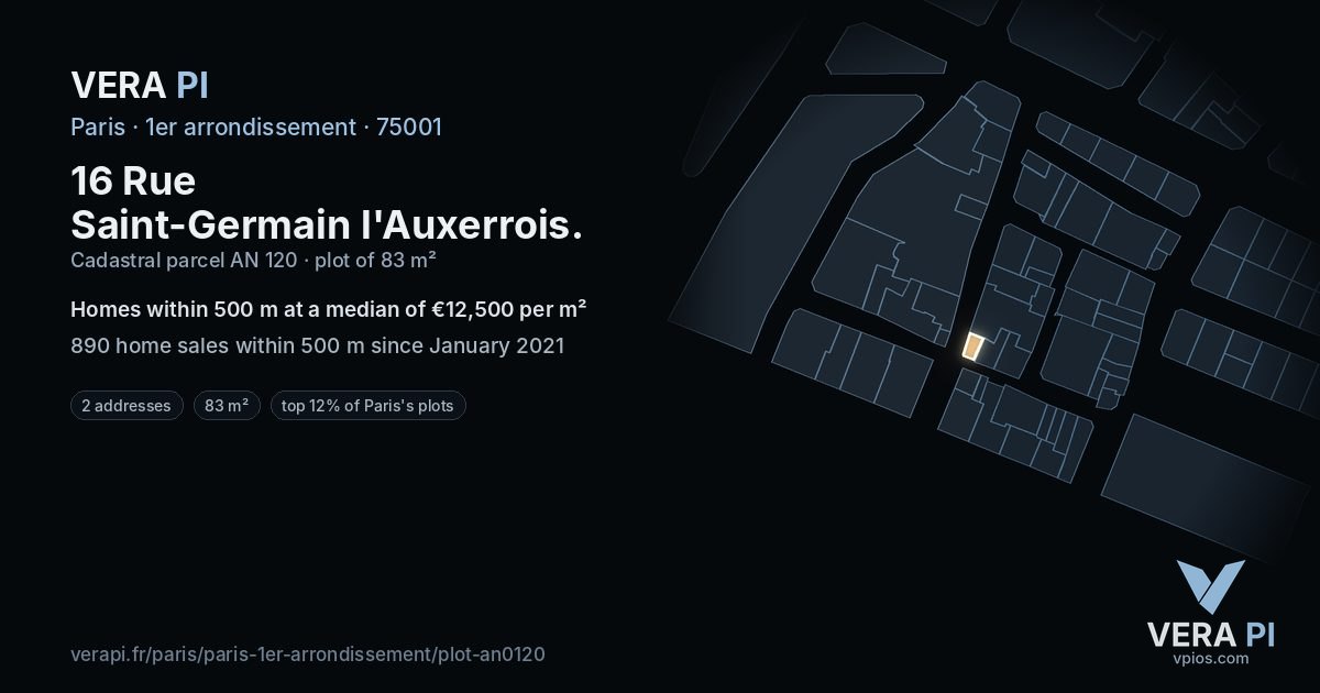 16 Rue Saint-Germain l'Auxerrois, 1er arrondissement at night – the plot lit, the parcels around coloured by the prices near them