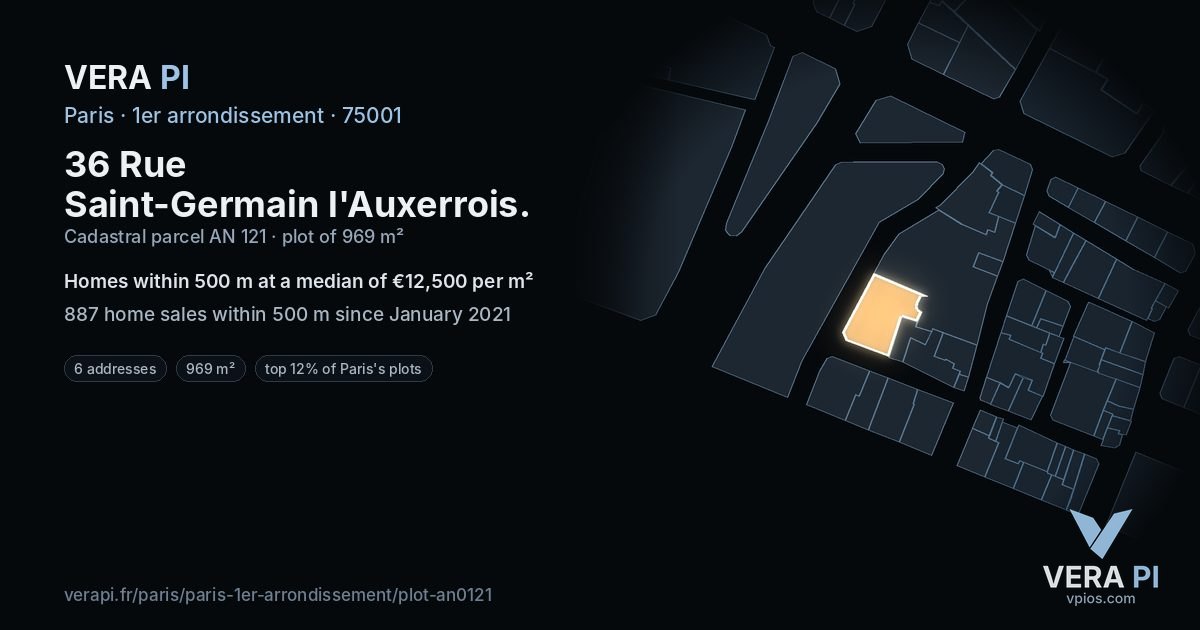 36 Rue Saint-Germain l'Auxerrois, 1er arrondissement at night – the plot lit, the parcels around coloured by the prices near them