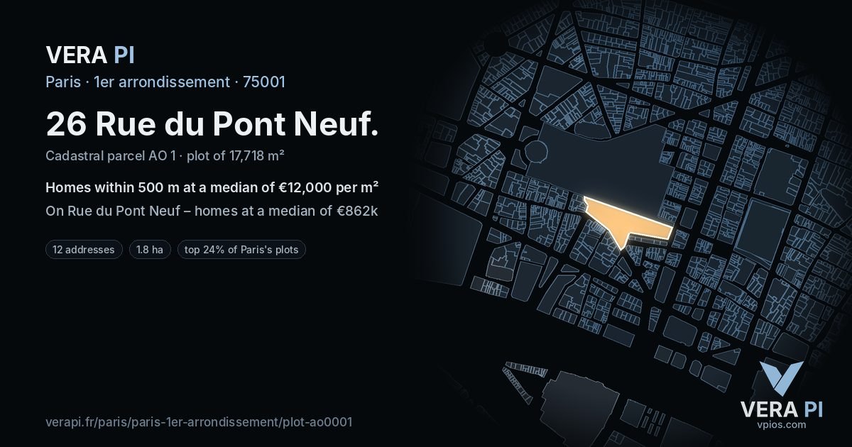 26 Rue du Pont Neuf, 1er arrondissement at night – the plot lit, the parcels around coloured by the prices near them