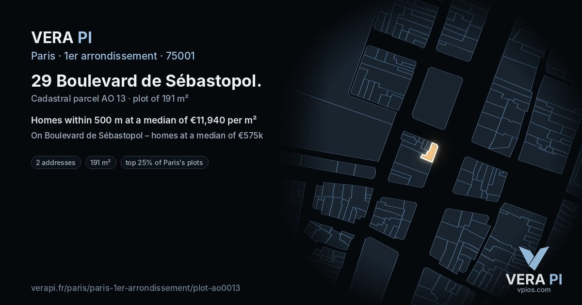29 Boulevard de Sébastopol, 1er arrondissement at night – the plot lit, the parcels around coloured by the prices near them