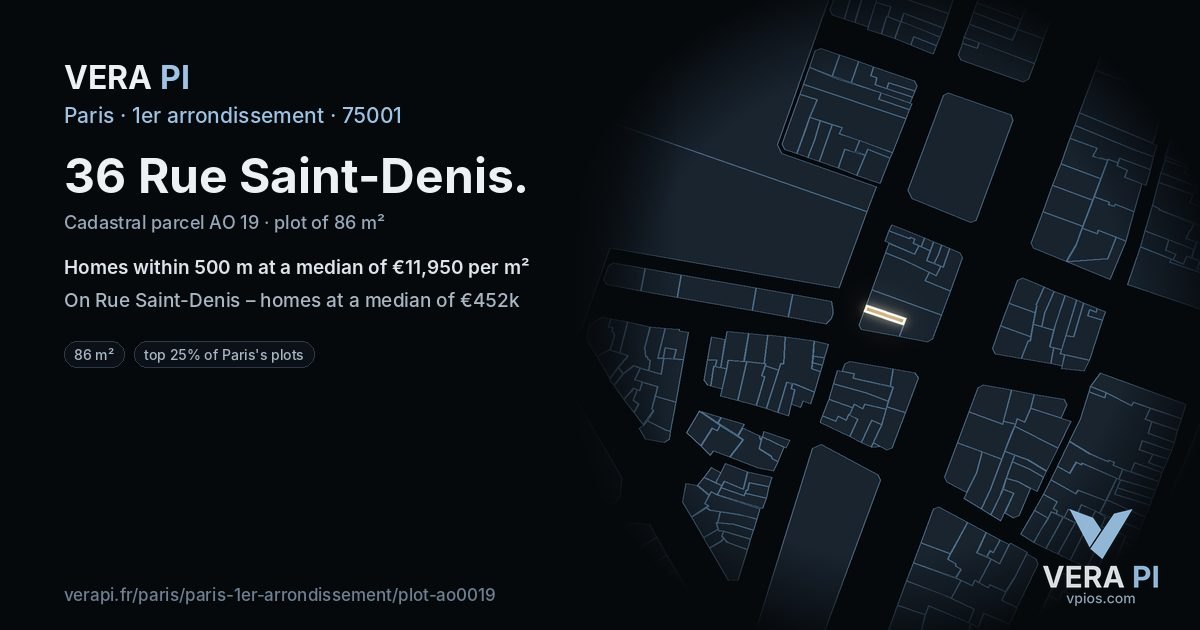 36 Rue Saint-Denis, 1er arrondissement at night – the plot lit, the parcels around coloured by the prices near them