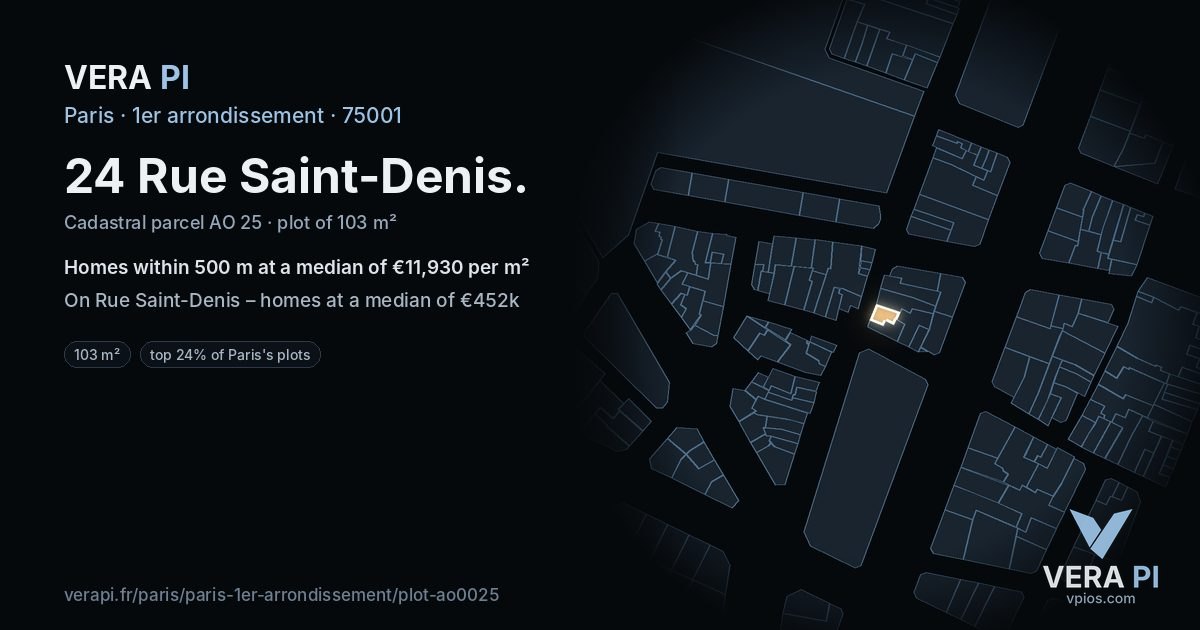 24 Rue Saint-Denis, 1er arrondissement at night – the plot lit, the parcels around coloured by the prices near them