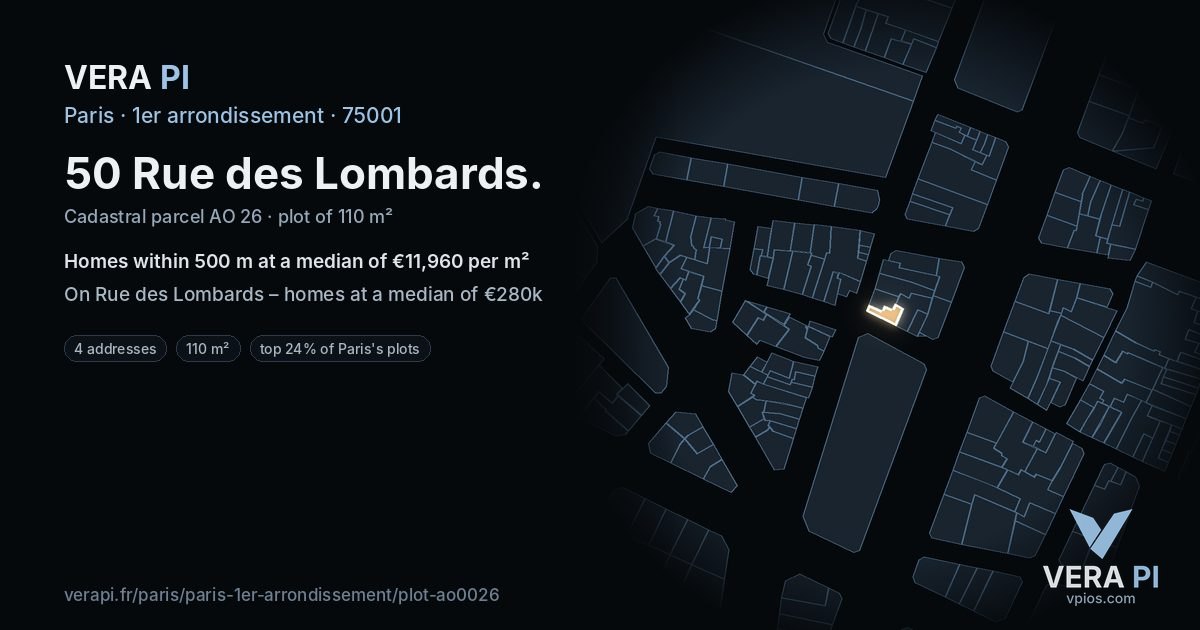 50 Rue des Lombards, 1er arrondissement at night – the plot lit, the parcels around coloured by the prices near them