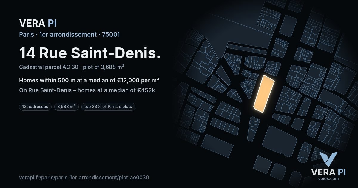 14 Rue Saint-Denis, 1er arrondissement at night – the plot lit, the parcels around coloured by the prices near them