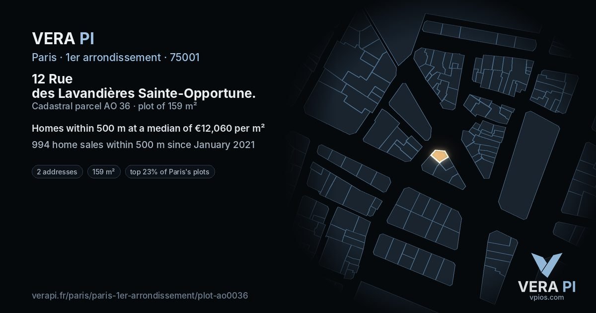 12 Rue des Lavandières Sainte-Opportune, 1er arrondissement at night – the plot lit, the parcels around coloured by the prices near them