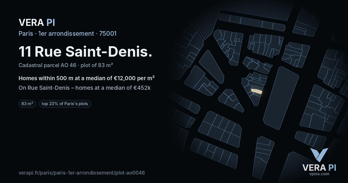 11 Rue Saint-Denis, 1er arrondissement at night – the plot lit, the parcels around coloured by the prices near them