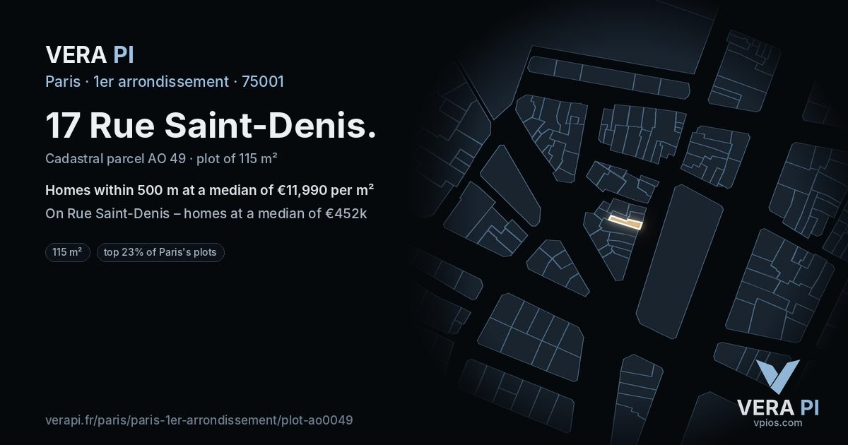 17 Rue Saint-Denis, 1er arrondissement at night – the plot lit, the parcels around coloured by the prices near them