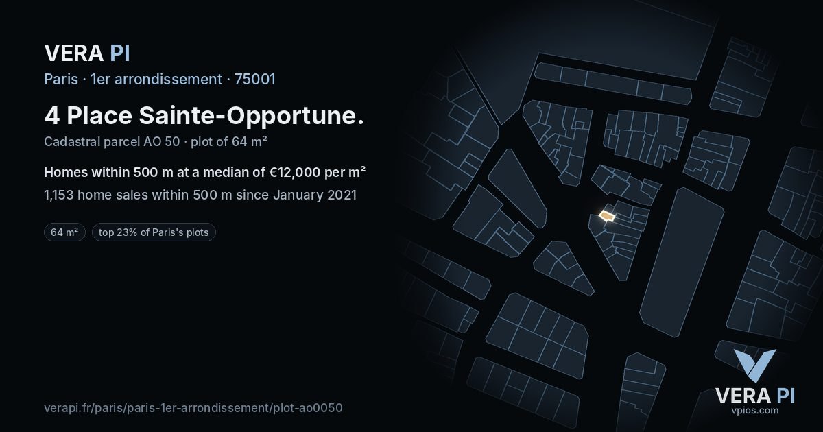4 Place Sainte-Opportune, 1er arrondissement at night – the plot lit, the parcels around coloured by the prices near them