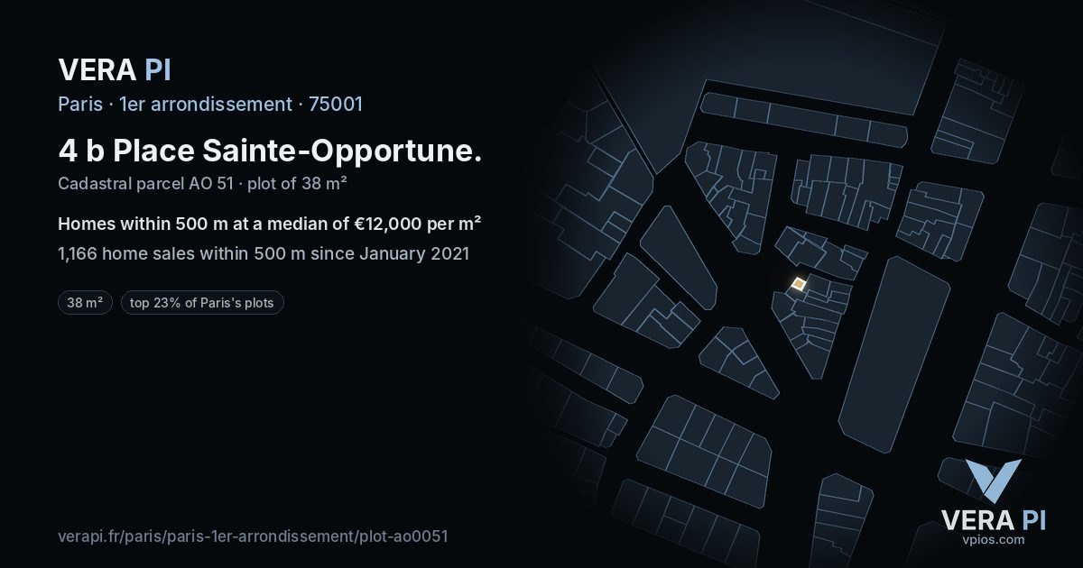4 b Place Sainte-Opportune, 1er arrondissement at night – the plot lit, the parcels around coloured by the prices near them