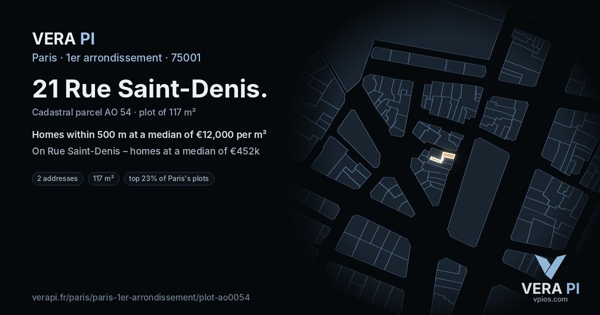 21 Rue Saint-Denis, 1er arrondissement at night – the plot lit, the parcels around coloured by the prices near them
