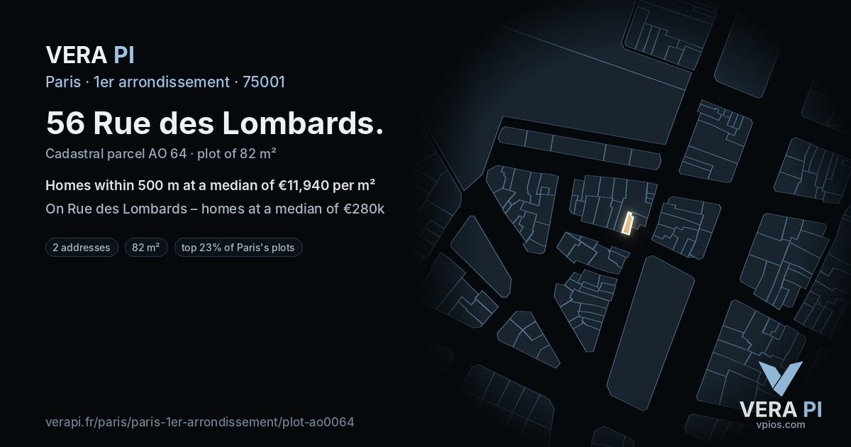 56 Rue des Lombards, 1er arrondissement at night – the plot lit, the parcels around coloured by the prices near them