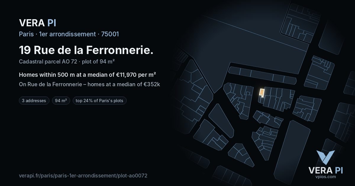 19 Rue de la Ferronnerie, 1er arrondissement at night – the plot lit, the parcels around coloured by the prices near them