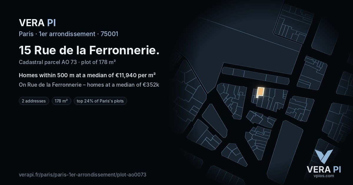 15 Rue de la Ferronnerie, 1er arrondissement at night – the plot lit, the parcels around coloured by the prices near them