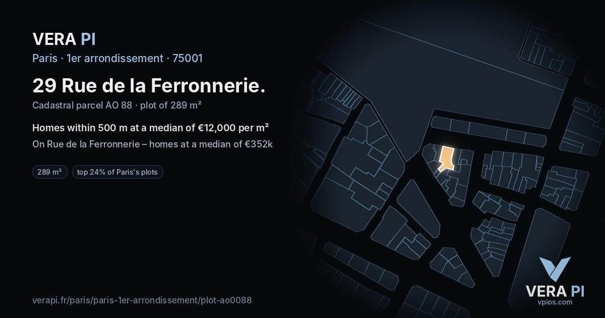 29 Rue de la Ferronnerie, 1er arrondissement at night – the plot lit, the parcels around coloured by the prices near them