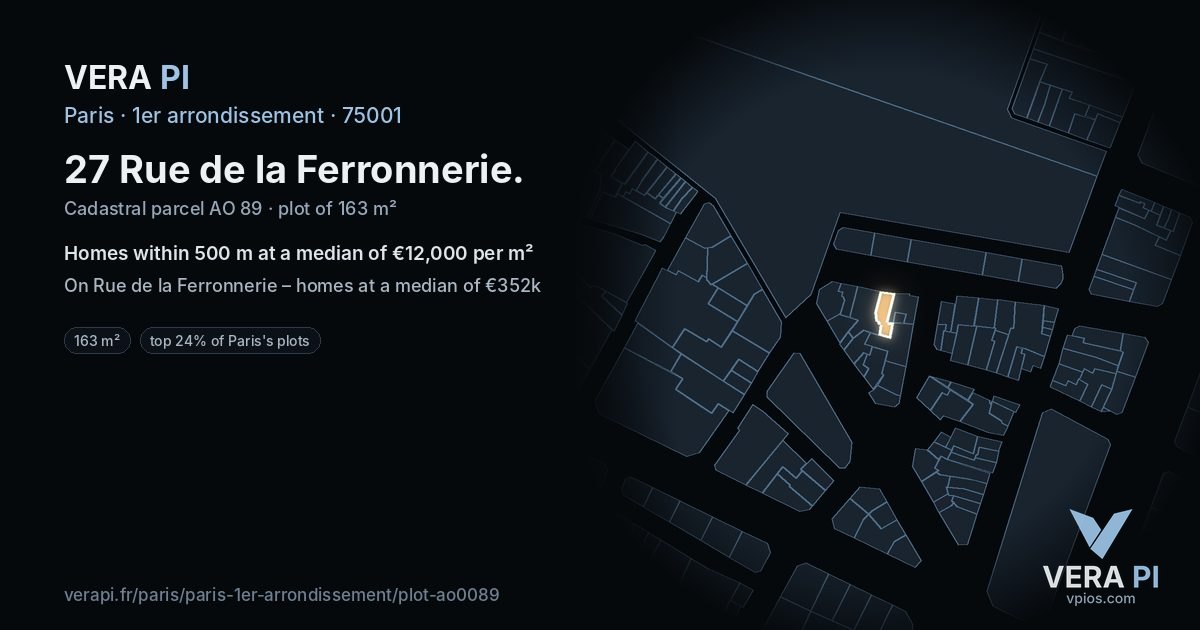 27 Rue de la Ferronnerie, 1er arrondissement at night – the plot lit, the parcels around coloured by the prices near them