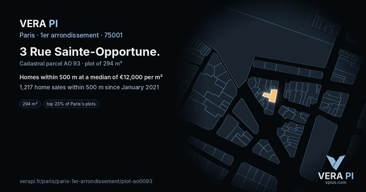 3 Rue Sainte-Opportune, 1er arrondissement at night – the plot lit, the parcels around coloured by the prices near them