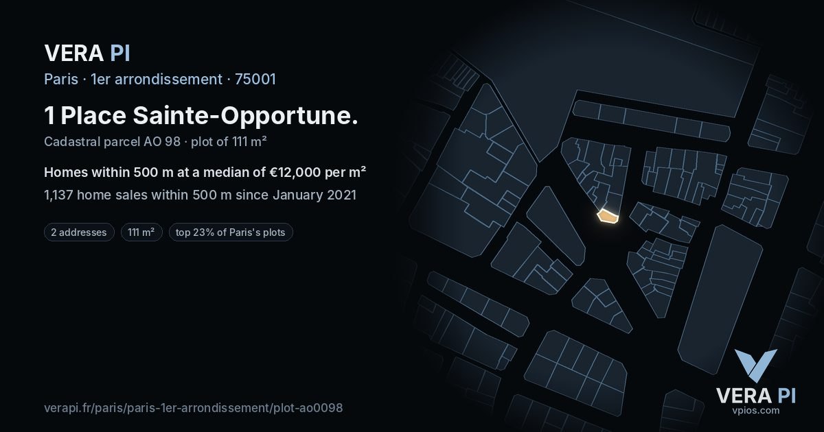 1 Place Sainte-Opportune, 1er arrondissement at night – the plot lit, the parcels around coloured by the prices near them