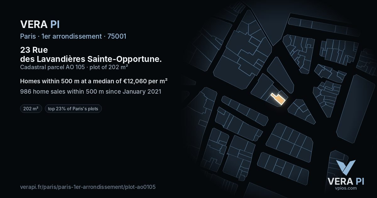 23 Rue des Lavandières Sainte-Opportune, 1er arrondissement at night – the plot lit, the parcels around coloured by the prices near them