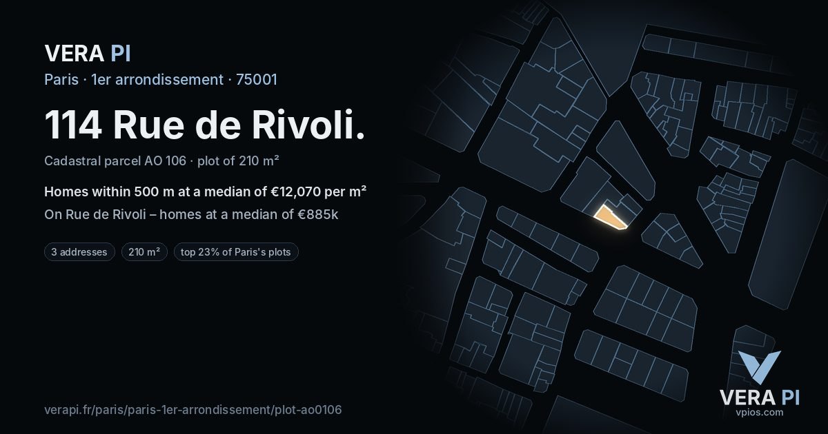 114 Rue de Rivoli, 1er arrondissement at night – the plot lit, the parcels around coloured by the prices near them